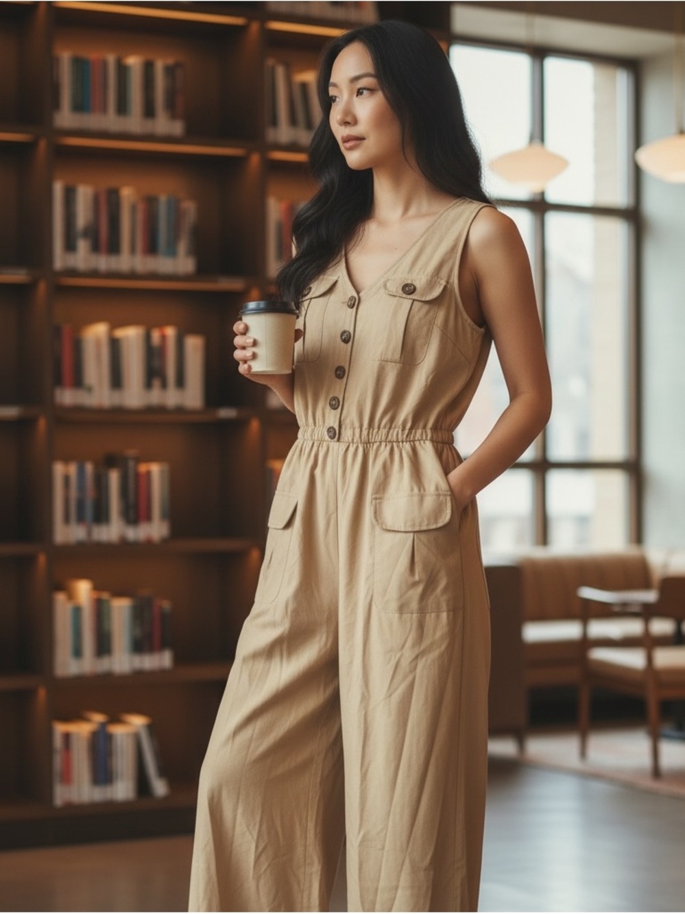Sleeveless Utility Jumpsuit in Khaki